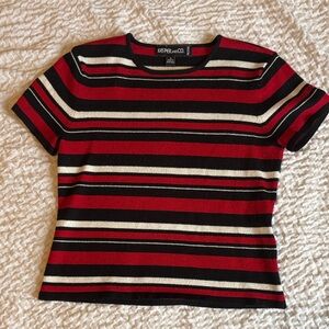 Kasper Red Black White Striped Short Sleeve Knit Top